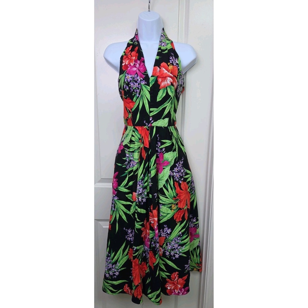 Vtg 70s Tropical Print Fit & Flare Halter Neck V Back Sarah Taylor Dress Size 7